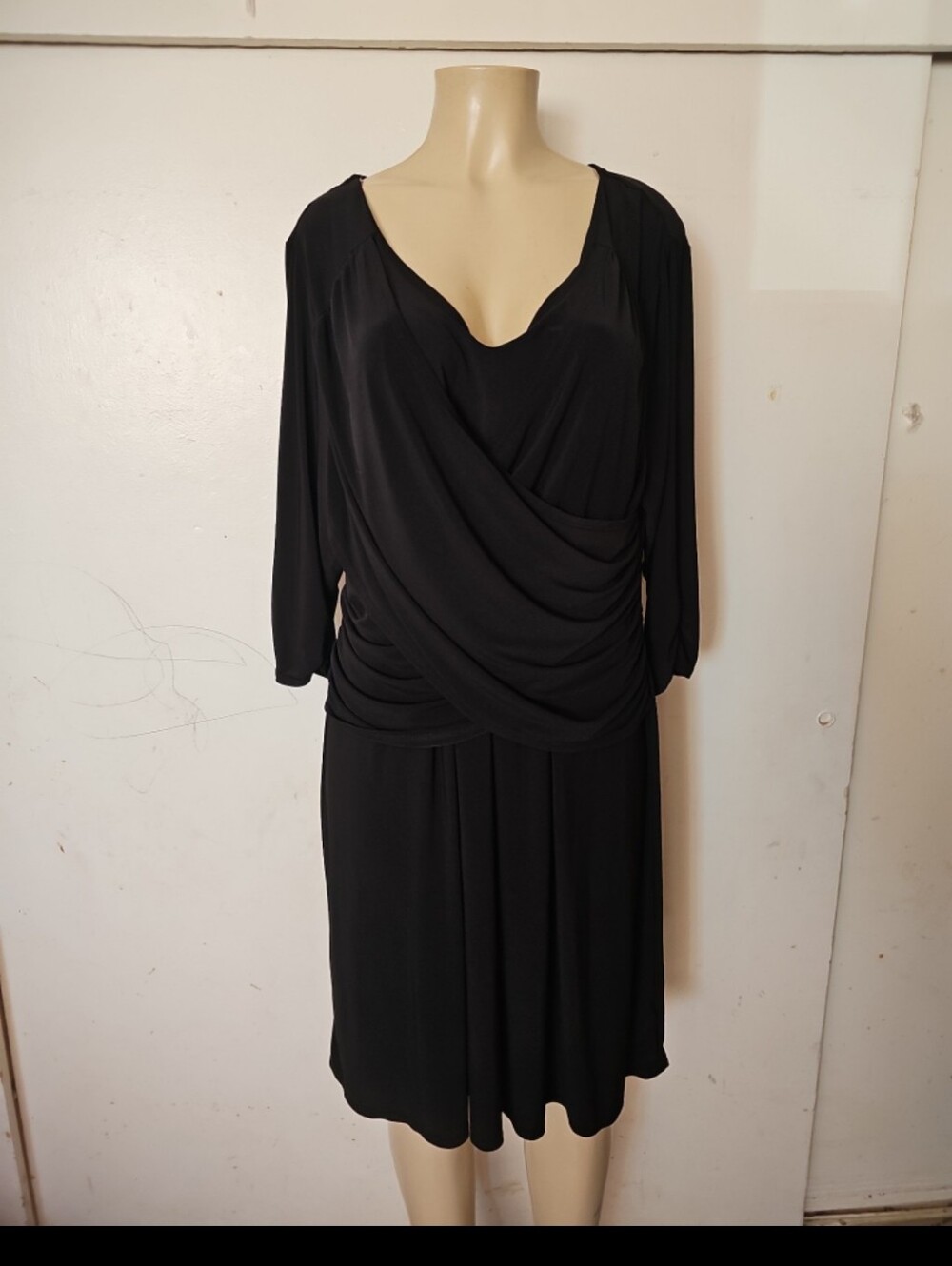 Black Draped Midi Dress with V-Neck